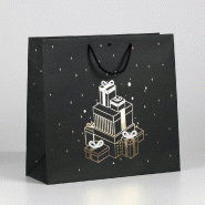 Sac luxe "Cadeaux or" noir poignées torsadées 25+10x22cm - par 12