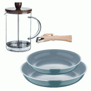 BERGNER - Ensemble de 2 poêles Ø22/26cm aluminium embouti vert compatible induction avec poignée amovible et cafetière à piston en verre borosili