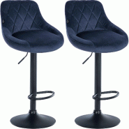 Décoshop26 - Set de 2 tabourets de bar coutures décoratives losanges assise en velours bleu et cadre en métal noir TDB10774 - bleu 3000250471534