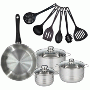 Batterie de cuisine avec 1 poêle 28 cm et 3 faitouts 16/20/24 cm avec 6 ustensiles de cuisine Fackelmann Généva Brillant Fénix - gris inox 3176239_0