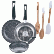 BERGNER - Jeu de 3 Poêles Ø16/Ø20/Ø24 cm en Aluminium Embouti Compatibles Induction Black Soul Marble avec Set de 3 Ustensiles en Silicone et Bois