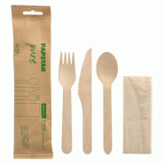 PAPSTAR 50 sets de couverts, bois "pur" : couteau, fourchette, cuillère, serviette dans un sachet en papier - Bois massif 88954