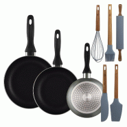 BERGNER - Set de 3 Poêles Ø16/20/24cm en Aluminium Pressé Coloris Gris Métallisé avec Set de 5 Ustensiles de Cuisine en Silicone et Bois - PK9882