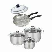 Batterie de cuisine avec 2 poêles 20/24 cm et 3 faitouts 16/20/24 cm sans PFAS Fackelmann Généva Brillant avec couvercles - gris inox 3176239935523