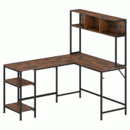 COSTWAY Bureau d'Angle avec Bibliothèque, 2 Étagères et Crochet pour Casque, 150x120 cm, en Bois, pour PC et Gaming, Marron - marron Bois manufactu