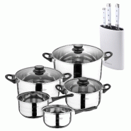 BERGNER - Batterie de cuisine 8 pièces 16/18/20/24/28 cm en acier inoxydable compatible induction avec lot de 3 couteaux en acier inoxydable avec blo