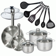 Batterie de cuisine 2 poêles 20/28 cm et couvercles, 3 faitouts 16/20/24 cm et 6 ustensiles Fackelmann Eterna - gris inox 3176239935288_0