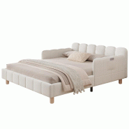 Merax Lit rembourré 140 x 200 cm avec tête de lit rembourrée, protection antichute, accoudoirs flexibles et pieds en bois d'hévéa, velours beige