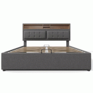 Merax lit rembourré lit double avec prise USB C fonction de chargement tête de lit, espace de rangement lits cadre de lit en lin 160x200 (sans - gri