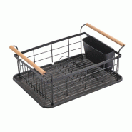 WellHome - Égouttoir à vaisselle en acier noir avec poignées en bois 18,8x42,6x31 cm - noir acier WH17036