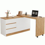 Merax Bureau multifonction à roulettes, plateau pivotant, bureau 2 en 1 et buffet, 2 portes et 3 tiroirs, 120 x 50 x 78 cm, blanc/chêne - blanc Bois Merax Bureau multifonction à roulettes, plateau pivotant, bureau 2 en 1 et buffet, 2 portes et 3 tiroirs, 120 x 50 x 78 cm, blanc/chêne - blanc Bois
