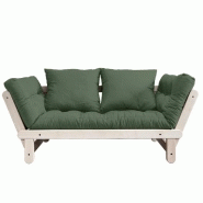 BANQUETTE MÉRIDIENNE FUTON BEAT PIN NATUREL TISSU COLORIS VERT OLIVE COUCHAGE 75*200 CM.