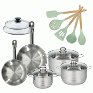 Lot de 2 Poêles 20/24cm et 3 Faitouts 16/20/24cm Fackelmann Etherna avec 5 ustensiles - gris Acier inoxydable 18/10 3176239920109