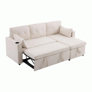 Merax canapé d'angle convertible en L 211 x 130 x 86 cm, coffre, porte-gobelets, poches latérales et 2 coussins, Beige - beige multi-matériau N653P