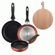 BERGNER - Set de 3 Poêles Ø16/20/24 cm en Aluminium Embouti Cuivre Métallisé avec Planche à Découper Ronde 38x28x1,5 cm en Bois de Hêtre - PK9910