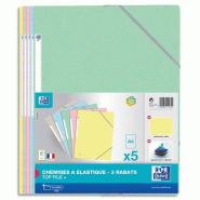 Oxford Lot de 10 Lot de 5 chemises 3 rabats à élastique Top File+ A4, en carte coloris pastel assortis (5) - 3045050411724