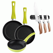 BERGNER - Ensemble de 3 Poêles Ø20/24/28 cm aluminium Pressé Molen Vert avec Ensemble de 3 Couteaux en acier inoxydable avec Support magnétique mu