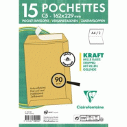 Clairefontaine Lot de 30 Paquet filmé de 15 pochettes kraft Mille Raies 162x229/C5, 90 g/m², adhésive avec bande - 3329680742152