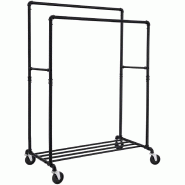 Porte-manteau entube avec les roulettes charge 110 kg deux barres de suspension mobile étagère en métal grade commercial noir 12_0000468
