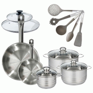 Batterie de cuisine avec 3 faitouts 16/20/24 cm et 2 poêles 20/28 cm avec 7 ustensiles de cuisine Fackelmann Etherna Brillant Vario avec couvercles -