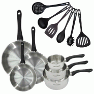 Set 3 poêles 20 24 et 28 cm 3 casseroles 12 16 et 20 cm en inox et 6 ustensiles Fackelmann Geneva - gris inox 3176239944488