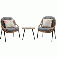 ZIK Ensemble de jardin pour balcon table et chaises de style bistrot fauteuils avec coussins structure rotin synthétique tressé à la main véranda