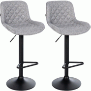 Décoshop26 - Lot de 2 tabourets de bar repose-pieds hauteur réglable en tissu gris clair coutures losange cadre métal noir 10_0006232 - gris métal