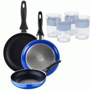 BERGNER - Ensemble de 3 poêles Ø16/Ø20/Ø24 cm en aluminium pressé compatibles induction Blue Navy Paradise avec Ensemble de 4 verres 0,5 L NOIA -