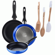 BERGNER - Jeu de 3 poêles Ø16/Ø20/Ø24 cm en aluminium pressé compatibles induction Blue Navy Paradise avec set de 3 ustensiles en silicone et boi