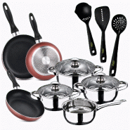 San Ignacio - Batterie de Cuisine Faro 7 pièces en Acier Inoxydable avec 3 Poêles Navy Paradise Ø16/20/24 cm et Set de 3 Ustensiles de Cuisine - PK