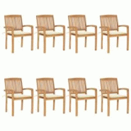 VidaXL Chaises De Jardin Empilables Avec Coussins Lot De 8 Teck Solide - beige 3073242 VidaXL Chaises De Jardin Empilables Avec Coussins Lot De 8 Teck Solide - beige 3073242