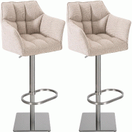 Décoshop26 - Lot de 2 tabourets de bar réglable en tissu beige assise enveloppante capitonnée avec base carrée en acier inoxydable 10_0005837 - be