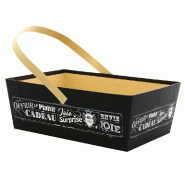 Panier carton rectangle "Vintage noir" anse rabattable kraft 36x23x13cm -par 24