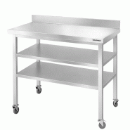 Table de travail en inox Bar 1000x700 mm avec 2 étagères inférieures et dosseret sur roulettes PREMIUM - GOLDINOX - gris inox 3701770832293