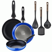 BERGNER - Set 3 Poêles Ø16/20/24cm aluminium Pressé Compatible Induction Blue Navy Paradise avec Set de 3 Ustensiles de cuisine en PBT noir et cuiv