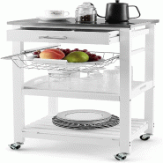 COSTWAY chariot cuisine petit à roulettes, plateau acier inoxydable, tiroir, panier et plateau amovible, style campagnard blanc, 47×39×85cm - blanc