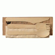 Kit couverts 4 en 1 (couteau,fourchette,cuillère,serviette) bois 16.5cm par 500