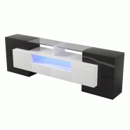 Lowboard Merax avec éclairage LED et plateau en verre, meuble TV avec corps brillant, aspect bois, largeur 200 cm, moderne | Noir | Blanc - noir mult