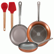 BERGNER - Jeu de 3 Poêles en Aluminium Pressé Ø18/Ø22/Ø26 cm Compatibles Induction Optimum Plus avec Jeu de 2 Ustensiles de Cuisine EXCALIBUR - a