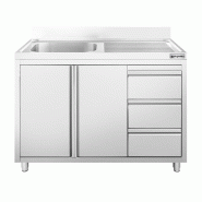 Plonge inox 1 bac à gauche et égouttoir sur placard avec 3 tiroirs - 1200 x 600 mm
