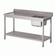 Table inox d'entrée pour lave-vaisselle (L)1400 x (P)700 mm, bac à droite, avec dosseret et tablette inférieure