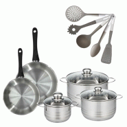 Lot de 2 Poêles 20/24cm Fackelmann Geneva avec 3 Faitouts 16/20/24cm et 5 Ustensiles - gris inox 3176239921915