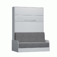 ARMOIRE LIT ESCAMOTABLE KOMPACT VIARDO SOFA CANAPÉ ACCOUDOIRS BLANC MAT TISSU GRIS COUCHAGE 140*200 CM