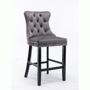 Merax Ensemble de 2 chaises de bar , velours gris, pieds en bois noir, avec anneau de poignée et rivets, tabouret de bar de cuisine rembourré et bas