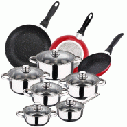 San Ignacio - Batterie de Cuisine Cassel : 6 Marmites avec Couvercles et Set de 3 Poêles Navy Red Ø16/20/24 cm en Acier Inoxydable/Aluminium Pressé