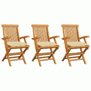 VidaXL Chaises De Jardin Et Coussins Blanc Crème Lot De 3 Teck Massif - beige 3062531