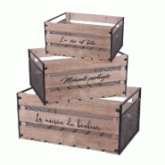 Caisses en bois et cotés métal noir 32x24,5x18 + 41x28,5x20 + 50x32x22cm
