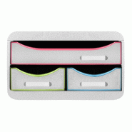 Exacompta - Réf. 311913D - SMALL-BOX Caisson 3 tiroirs - Dimensions extérieures : Prof 34,7 x l27,8 x H 13 cm - Blanc/arlequin/blanc - multicolore m
