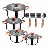 BERGNER - Batterie de cuisine NONA 8 pcs 16/18/20/24cm en acier inoxydable compatible induction avec jeu de 3 couteaux avec support magnétique mural