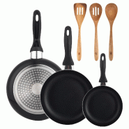 BERGNER - Set de 3 poêles 16/20/24 en aluminium embouti couleur Noir avec set 3pcs d'ustensiles de cuisine 32,8x33x7x1,4cm Xmart - PK9938